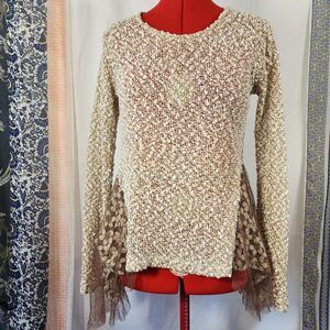 PRIMROSE Brown White With Gold Thread, Lace Sweater Size XS